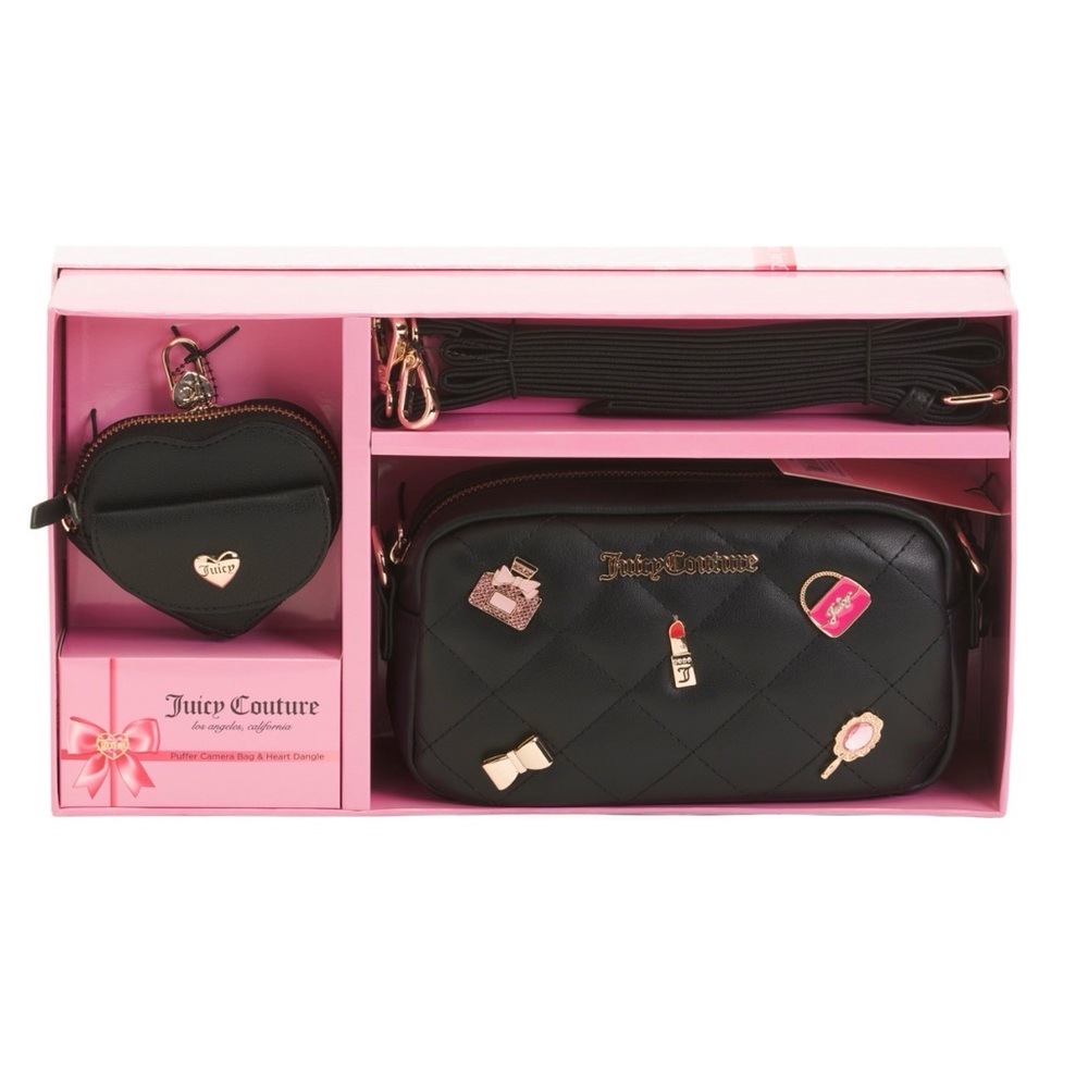 Juicy Couture Black Quilted Crossbody Bag Gift Set with Heart Coin Pouch NWT